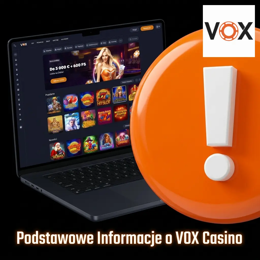 Logo i informacje o VOX Casino – licencjonowana platforma z bonusem do 10 000 PLN i grami online